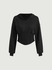 SHEIN MOD Solid Asymmetrical Hem Drop Shoulder Hoodie - Black - View 2