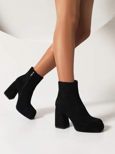 Damen Schwarze Kunstveloursleder Stiefeletten, Plateau-Absatz Dicke Sohle Quadratische Zehenform Knöchel Stiefel