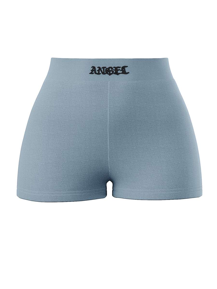 SHEIN ICON 90s Letter Embroidered Rib-knit Biker Shorts - Dusty Blue - View 1