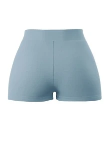 SHEIN ICON 90s Letter Embroidered Rib-knit Biker Shorts - Dusty Blue - View 2