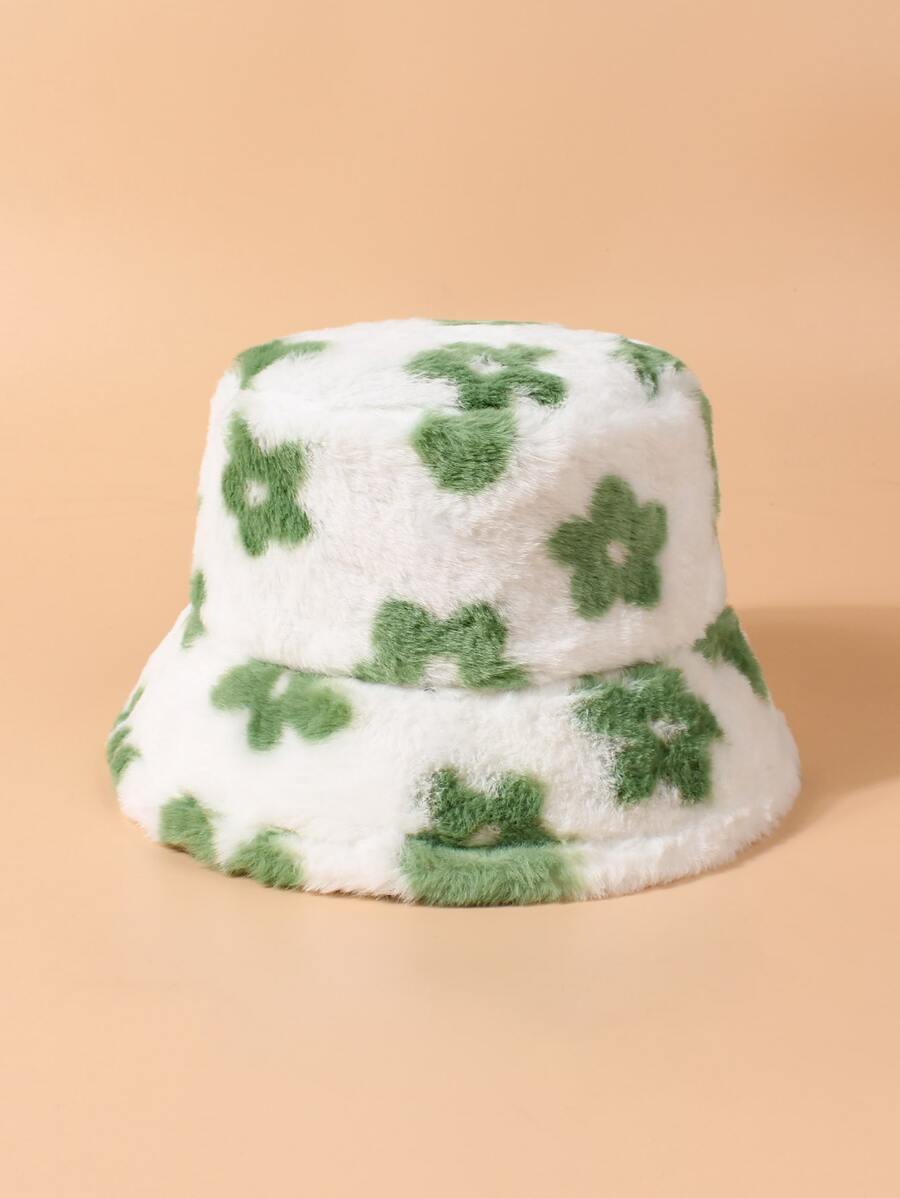 1件女士綠色毛絨花卉裝飾漏斗帽，適用於秋冬季節日常穿搭 - 綠色 - 查看 1