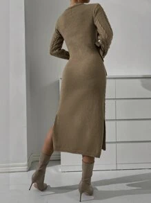 SHEIN Privé 麻花編織側打結下擺開叉毛衣裙 - 駝色 - 查看 2