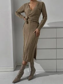 SHEIN Privé 麻花編織側打結下擺開叉毛衣裙 - 駝色 - 查看 4