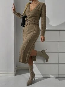 SHEIN Privé 麻花編織側打結下擺開叉毛衣裙 - 駝色 - 查看 5