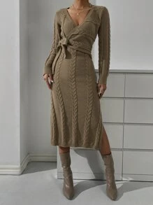 SHEIN Privé 麻花編織側打結下擺開叉毛衣裙 - 駝色 - 查看 6