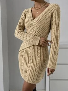 SHEIN Privé Crossover Cable Knit Sweater Dress - Khaki - View 4