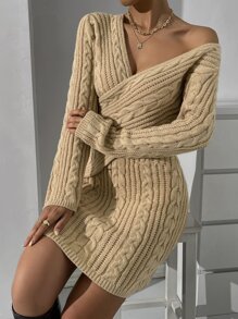 SHEIN Privé Crossover Cable Knit Sweater Dress - Khaki - View 6