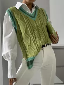 Chiquease Striped Trim Split Hem Sweater Vest Without Blouse - Olive Green - View 3