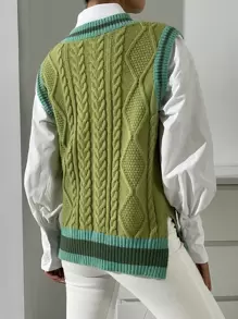 Chiquease Striped Trim Split Hem Sweater Vest Without Blouse - Olive Green - View 2