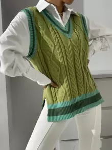 Chiquease Striped Trim Split Hem Sweater Vest Without Blouse - Olive Green - View 4