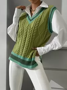 Chiquease Striped Trim Split Hem Sweater Vest Without Blouse - Olive Green - View 5