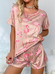 Bộ đồ ngủ in hình Flamingo / Bộ đồ ngủ có mặt nạ mắt - Màu Hồng  San hô - Xem 4