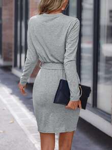 SHEIN LUNE Button Detail Belted Fitted Dress - Grey - View 2