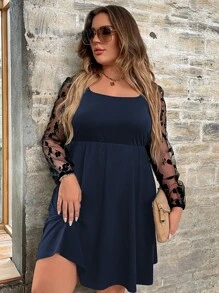 SHEIN LUNE Plus Contrast Mesh Sleeve Scoop Neck Dress - Navy Blue - View 6