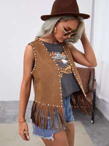 SHEIN LUNE 串珠流蘇下擺仿麂皮夾克背心 - 棕色 - 查看 3