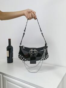 Túi đeo chéo đính đinh tán và dây xích chống thấm nước, nhẹ, phong cách công sở dành cho nữ sinh viên đại học, tân binh và nhân viên văn phòng, hoàn hảo cho văn phòng, đại học, công việc, kinh doanh, đi làm, ngoài trời, du lịch, đi chơi, thiết kế thời trang, phong cách Steampunk, Goth, túi xách dành cho nữ, trang phục dạo phố sành điệu, hoàn hảo cho lễ hội âm nhạc, buổi hòa nhạc - màu đen - Xem 2