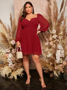 SHEIN Belle Burgundy Red Plus Lantern Sleeve Overlap Collar Dress - Burgundy - View 3