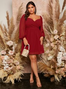 SHEIN Belle Burgundy Red Plus Lantern Sleeve Overlap Collar Dress - Burgundy - View 4