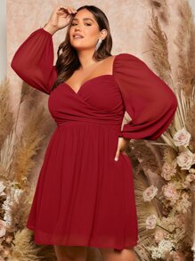 SHEIN Belle Burgundy Red Plus Lantern Sleeve Overlap Collar Dress - Burgundy - View 6