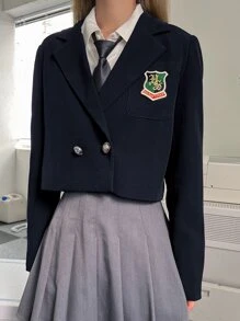 DAZY 1 chiếc áo khoác blazer ngắn cổ ve áo cài nút đôi thêu chữ trang phục công sở - Màu xanh hải quân - Xem 6