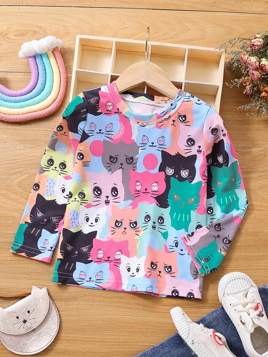 SHEIN Toddler Girls Allover Cartoon Graphic Tee - Multicolor - View 1