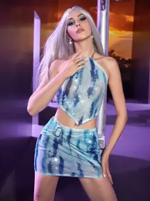 SHEIN Tie Dye Backless Hanky Hem Halter Top & Skirt - Multicolor - View 3