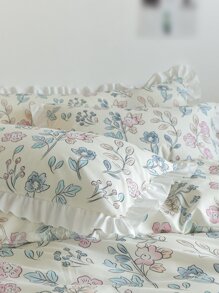 2pcs Floral Printed Pillowcases With Ruffle Trim, Plain Pillowcases With Wide Borders. Multiple Colors Available. Skin-friendly And Comfortable Bedsheets For Home And Dormitory. Machine Washable