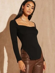 SHEIN BAE Camiseta de cuello cuadrado tejido de canalé - Negro - Ver 4