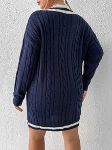Flirla Váy len oversized Sọc Sẵn sàng - Màu xanh hải quân - Xem 3