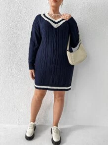Flirla Váy len oversized Sọc Sẵn sàng - Màu xanh hải quân - Xem 4