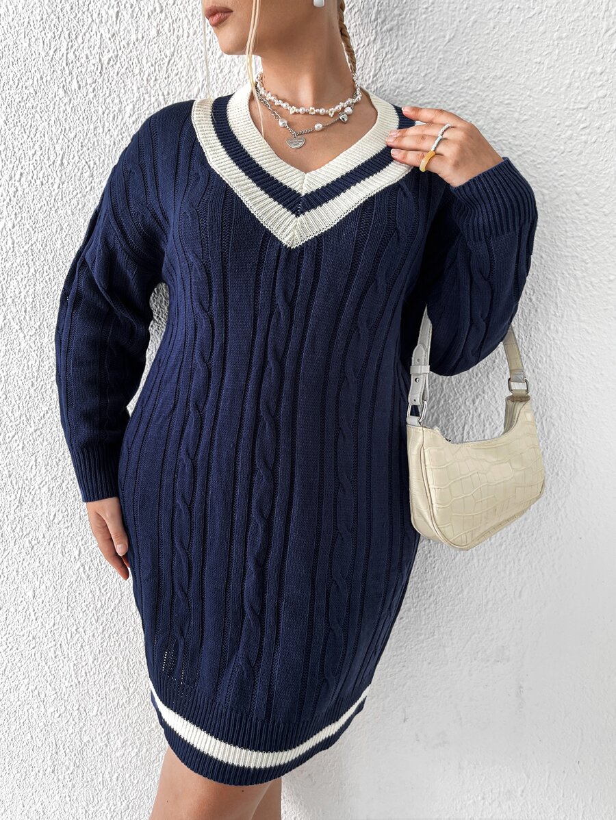 Flirla Váy len oversized Sọc Sẵn sàng - Màu xanh hải quân - Xem 1