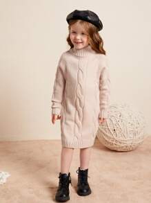 Toddler Girls Turtleneck Raglan Sleeve Cable Knit Jumper Dress - Khaki - View 1