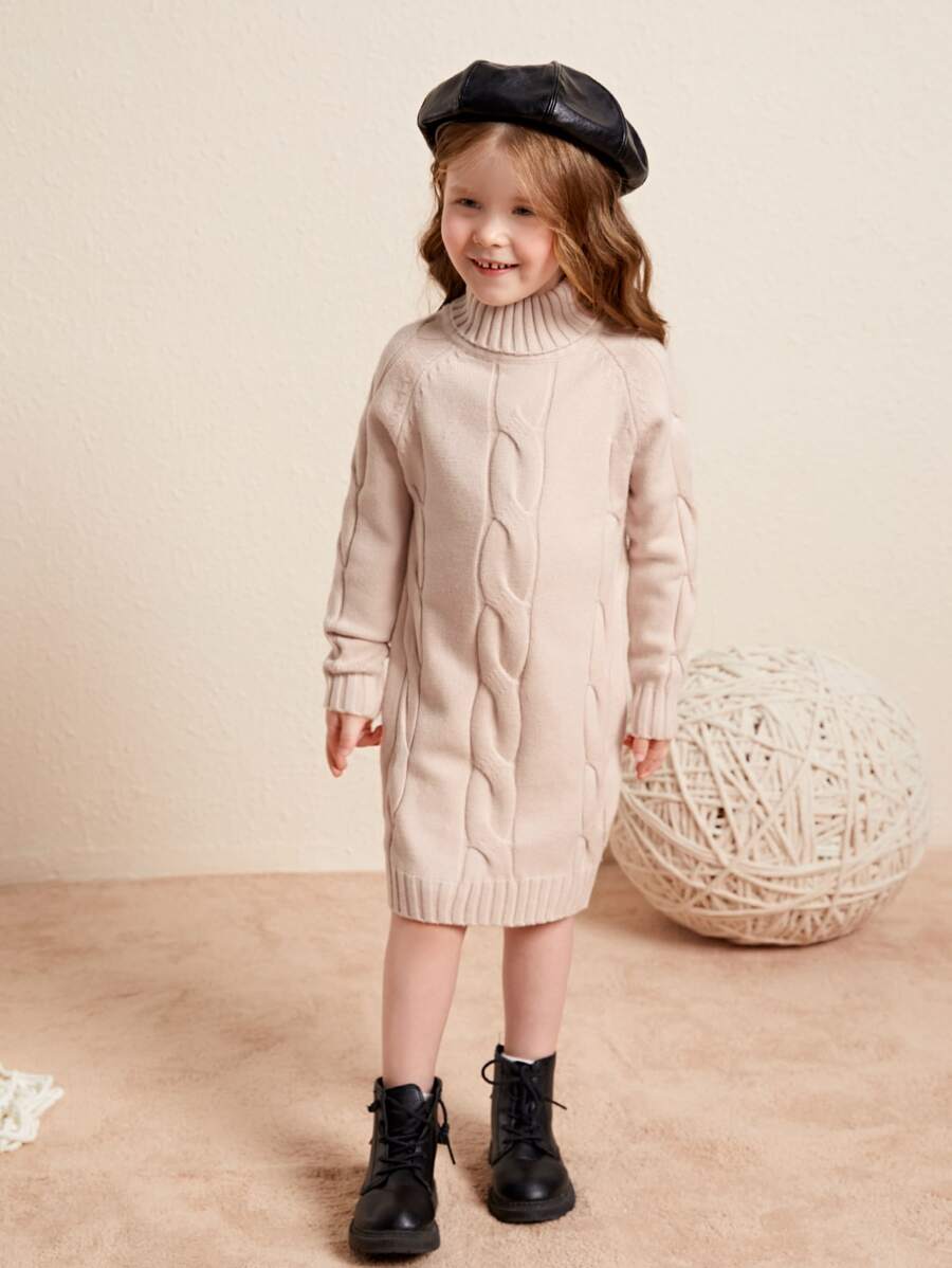Toddler Girls Turtleneck Raglan Sleeve Cable Knit Jumper Dress - Khaki - View 1