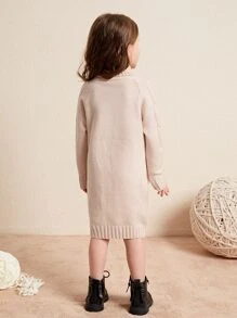 Toddler Girls Turtleneck Raglan Sleeve Cable Knit Jumper Dress - Khaki - View 2