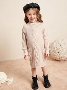 Toddler Girls Turtleneck Raglan Sleeve Cable Knit Jumper Dress - Khaki - View 3