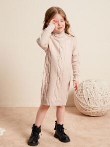 Toddler Girls Turtleneck Raglan Sleeve Cable Knit Jumper Dress - Khaki - View 5
