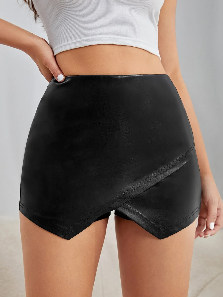 SHEIN BAE Quần đùi nữ Bất đối xứng Dây kéo màu trơn Hấp dẫn - màu đen - Xem 1