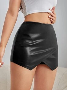 SHEIN BAE Quần đùi nữ Bất đối xứng Dây kéo màu trơn Hấp dẫn - màu đen - Xem 3