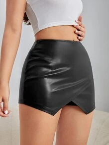 SHEIN BAE Quần đùi nữ Bất đối xứng Dây kéo màu trơn Hấp dẫn - màu đen - Xem 4