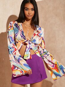 SHEIN BAE Áo nữ Thắt nơ trước Đồ họa Boho - Nhiều màu - Xem 4