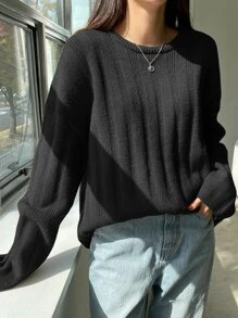 DAZY Jersey De Punto Acanalado Con Hombro Caído - Negro - Ver 4