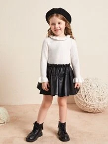 Niñas Jersey ribete con fruncido de manga con volante - Blanco - Ver 1