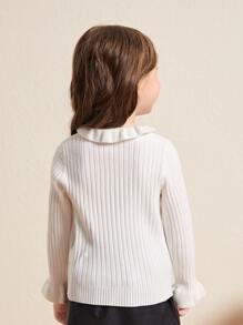 Niñas Jersey ribete con fruncido de manga con volante - Blanco - Ver 2