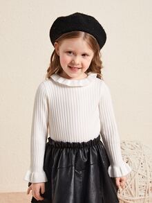 Niñas Jersey ribete con fruncido de manga con volante - Blanco - Ver 3