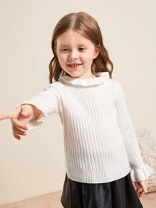 Niñas Jersey ribete con fruncido de manga con volante - Blanco - Ver 5