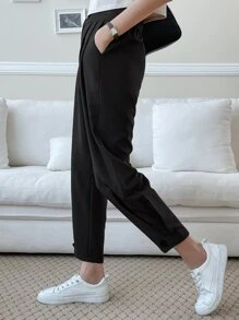 DAZY Dam Business Casual Enfärgade Plisserade Byxor Med Ficka, Damklänningsbyxor, Lärarbyxor Höst - Svart - Visa 5