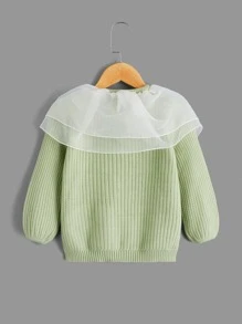 SHEIN Young Girl Contrast Mesh Ruffle Trim Cardigan - Green - View 2