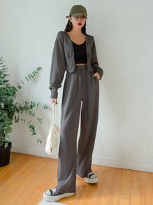 DAZY Áo khoác trễ vai & quần dây rút eo - Màu xám đen - Xem 3