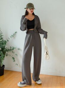 DAZY Áo khoác trễ vai & quần dây rút eo - Màu xám đen - Xem 5