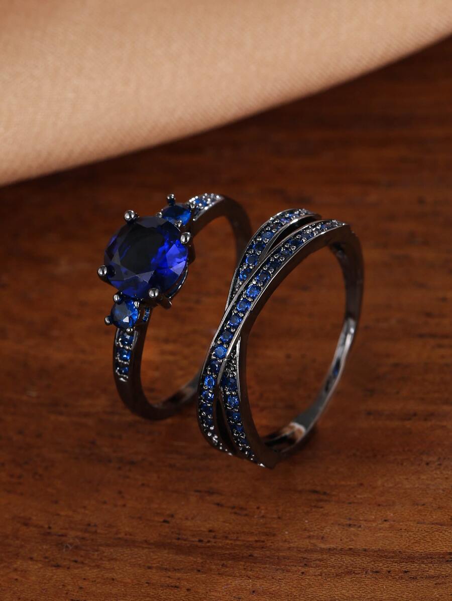 2 piezas Anillo zirconia cúbica - Azul Marino - Ver 1
